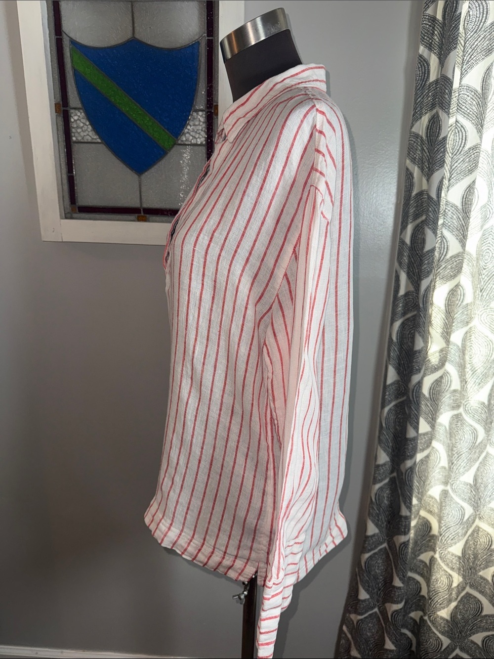 Martha Stewart Collection 100% Linen Red & White Striped V-Neck Shirt - Size M - Picture 4 of 8